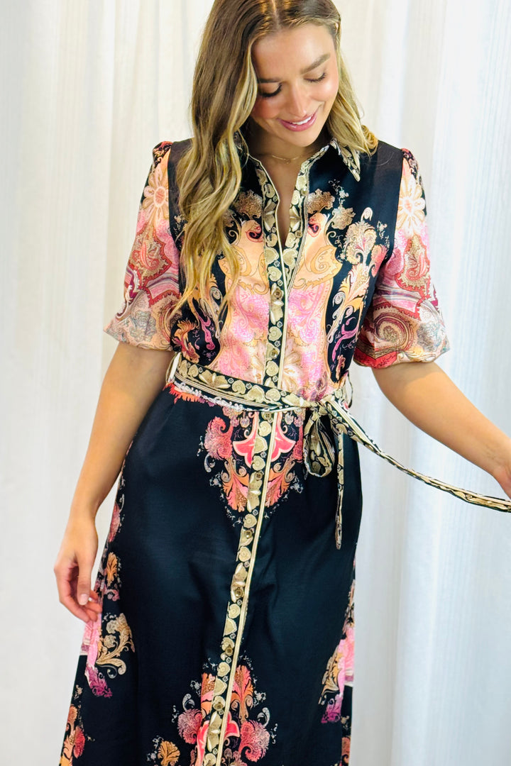 Portia Shirt Dress in Black Multi Print