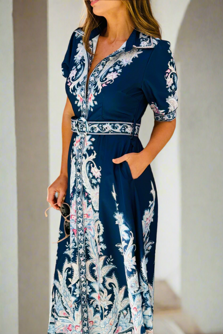 Monica Embroidered Print Dress in Navy