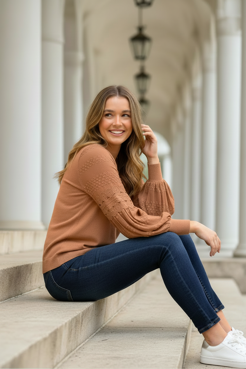Molli Knit Top Detailed Sleeve in Tan