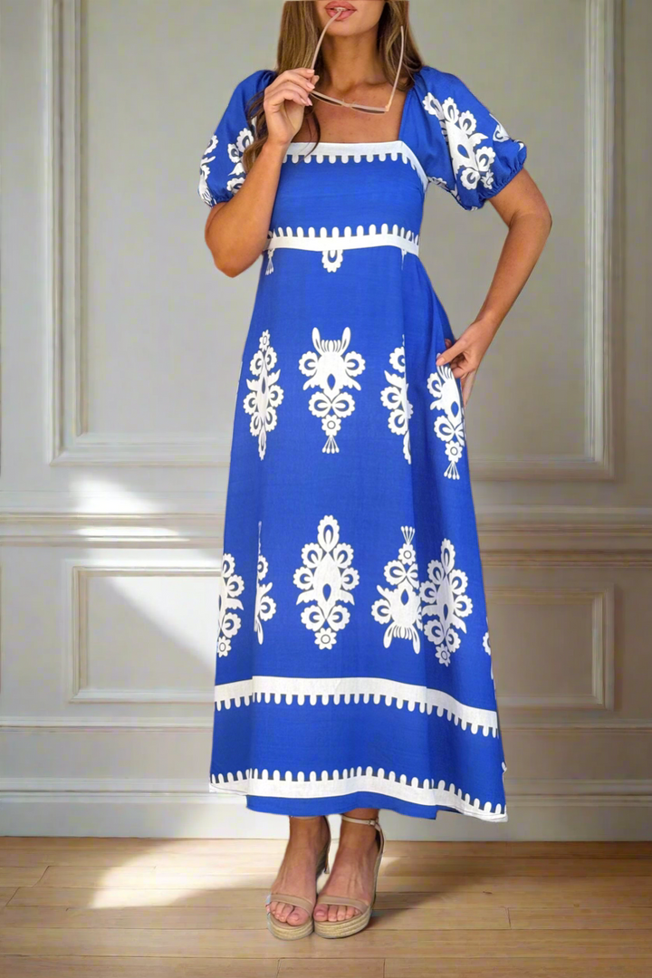 Bonnie Maxi Dress in Blue With White Print