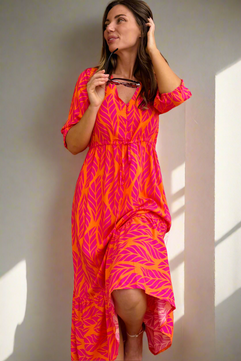 Beth Orange and Pink Multi Print Midi Dress