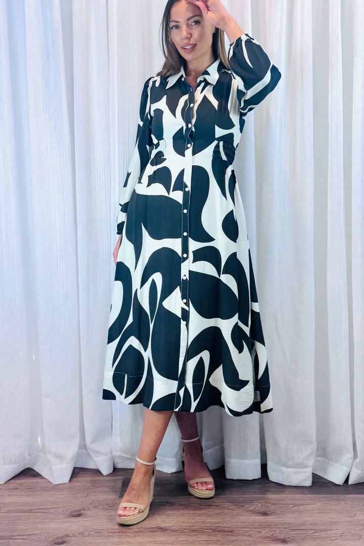 Tonia Shirt Dress in Black and Off White Multi Print