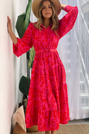 Amaya Long Sleeve Maxi Dress in Red and Pink