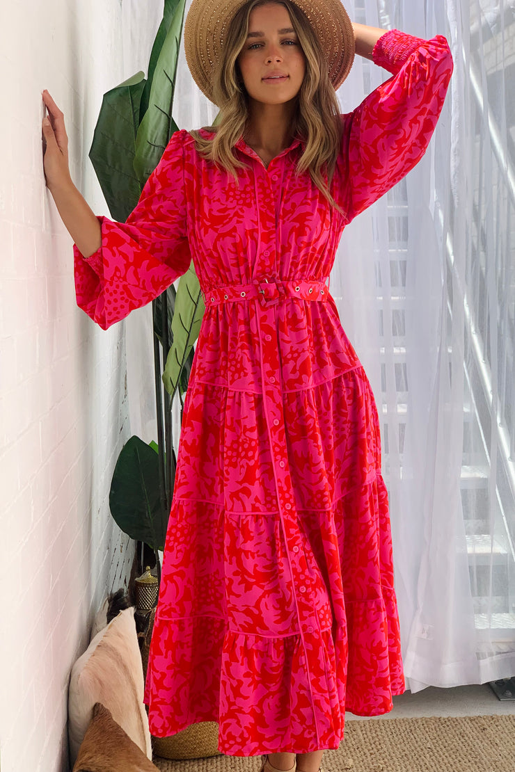 Amaya Long Sleeve Maxi Dress in Red and Pink