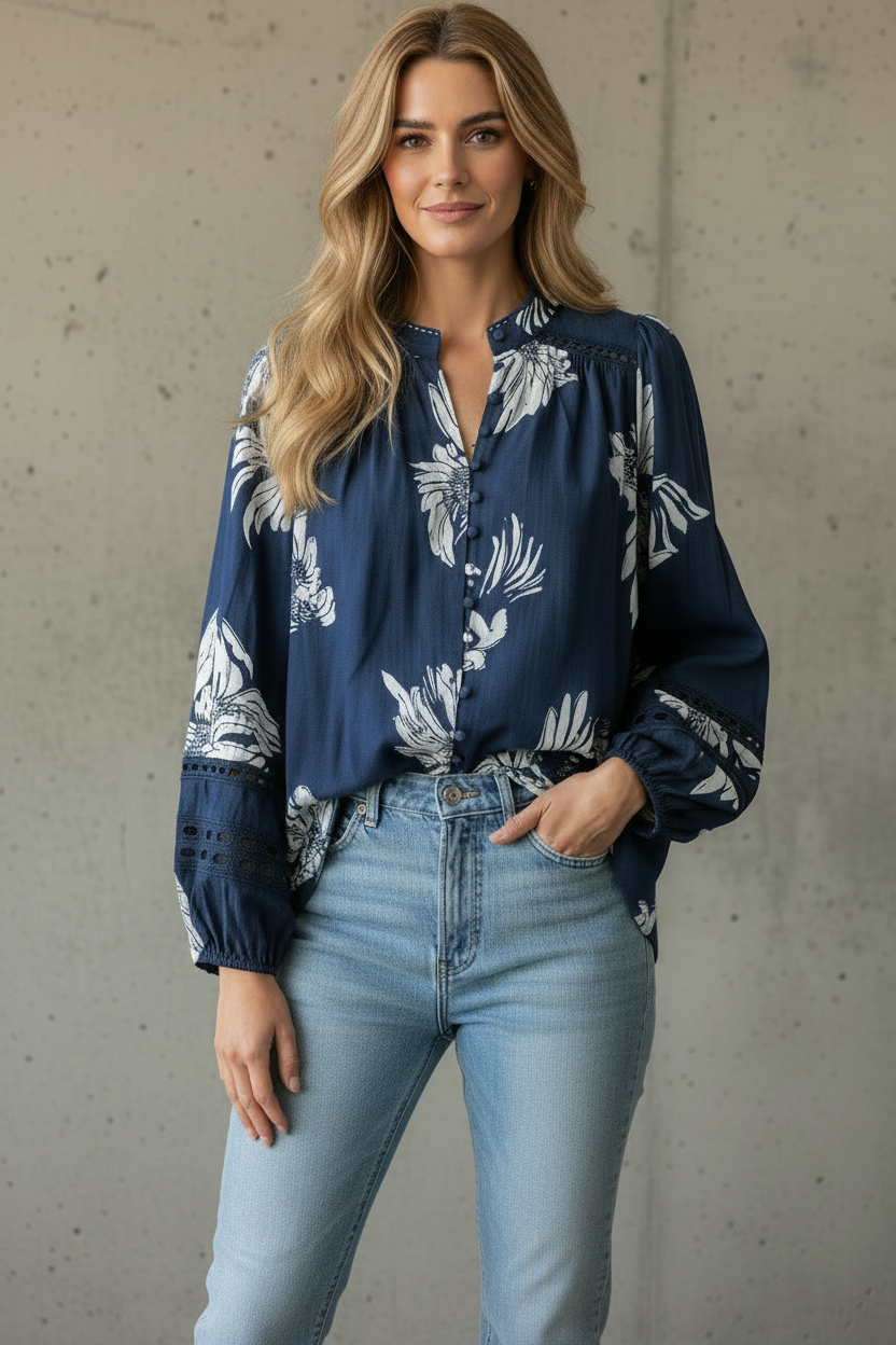 Evie Top in Navy Print