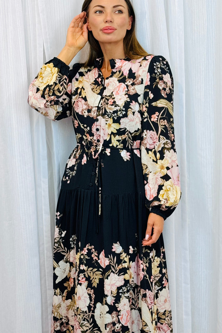 Juliet Floral Multi Print Dress in Black