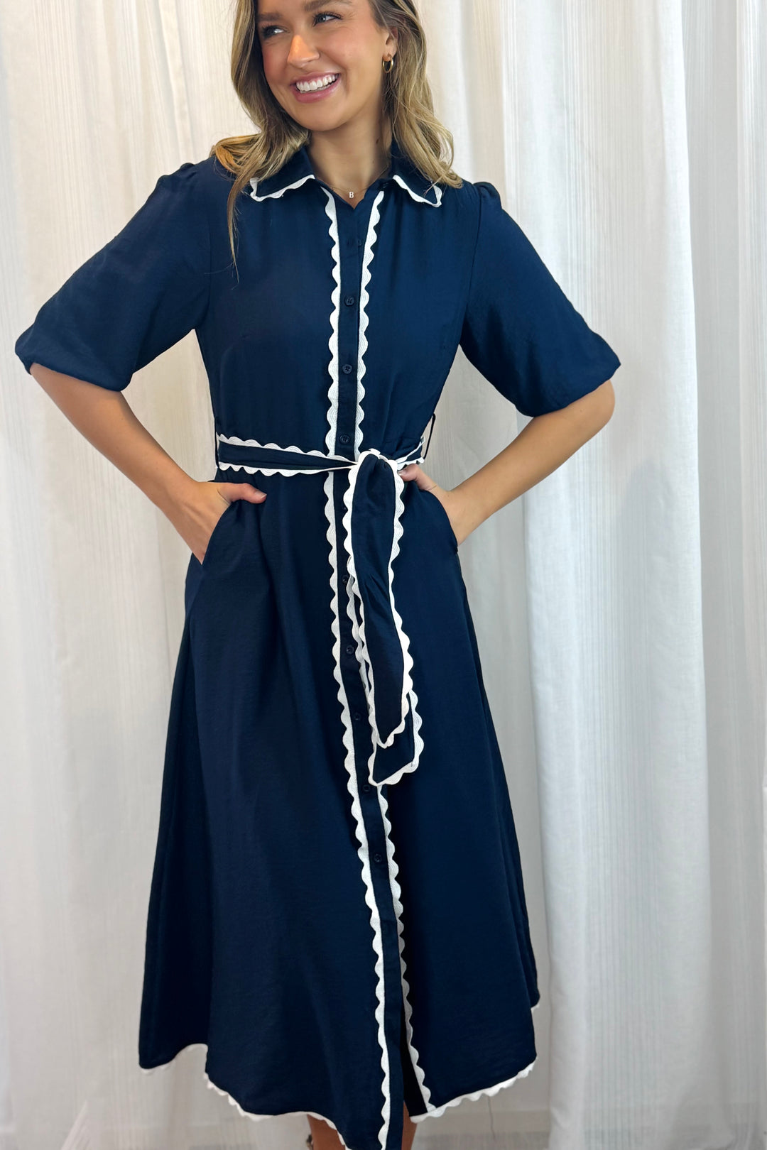 Shyla Dress in Navy with White Trimming