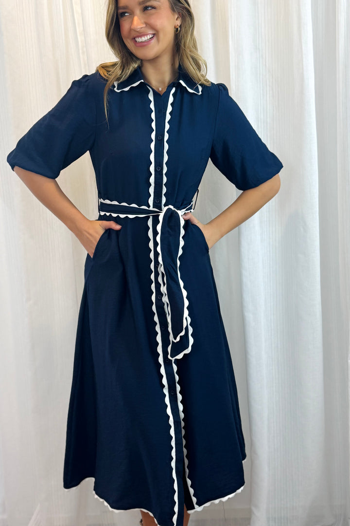Shyla Dress in Navy with White Trimming