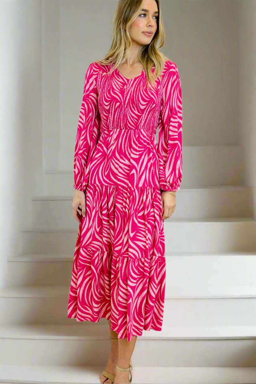 Mina Shirred Midi Dress In Hot Pink Print