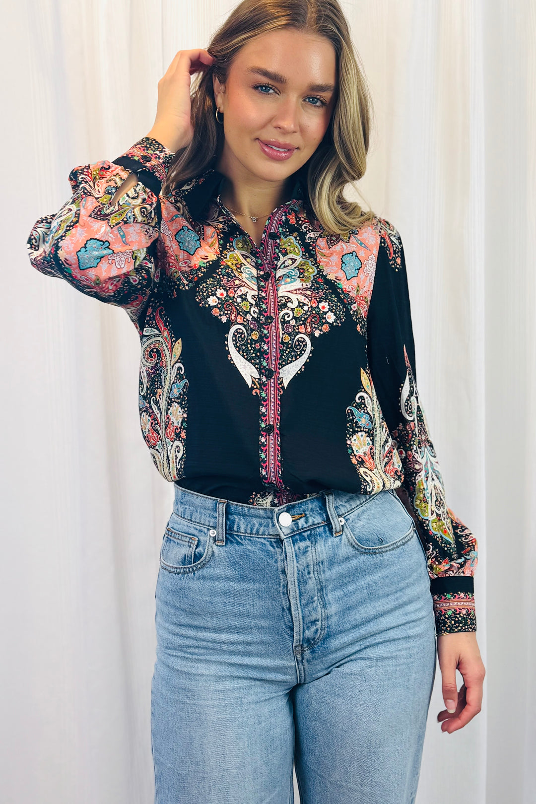 Gidget Embroidered Multi Print Shirt In Black