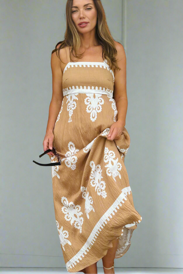 Positano Embroidery Print Maxi Dress in Latte and White