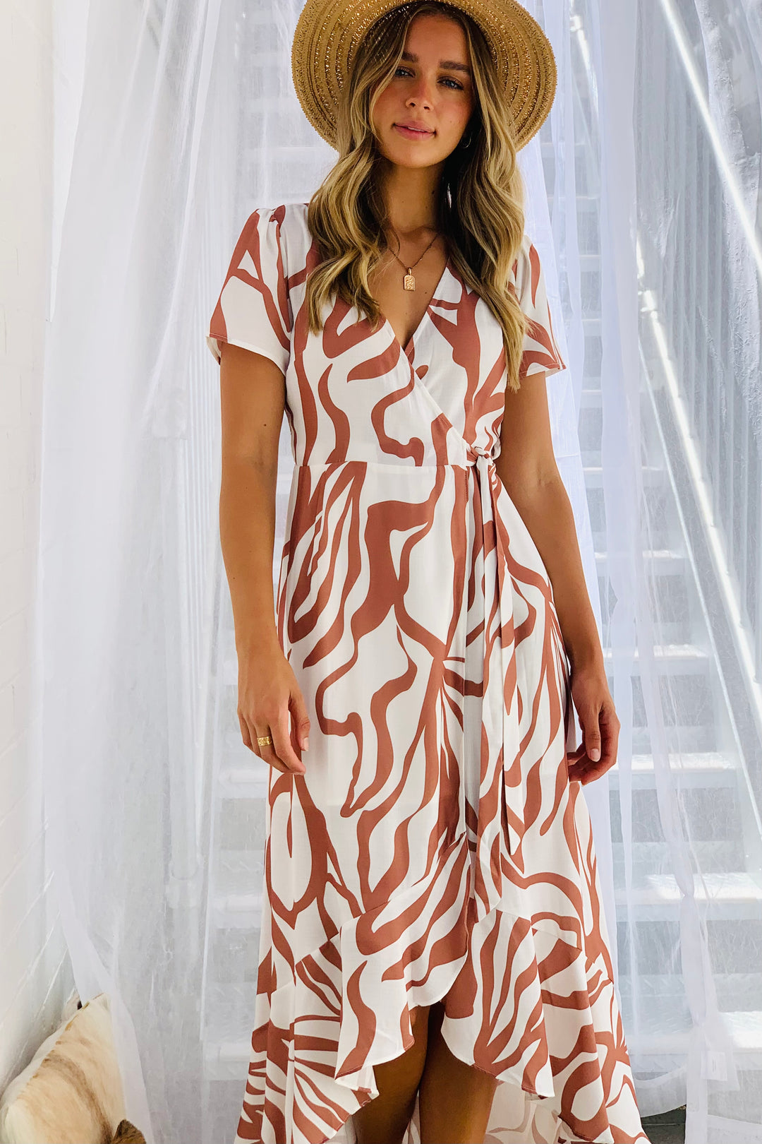 Oceane Wrap MAXI Dress in Tan and White Tiger Print