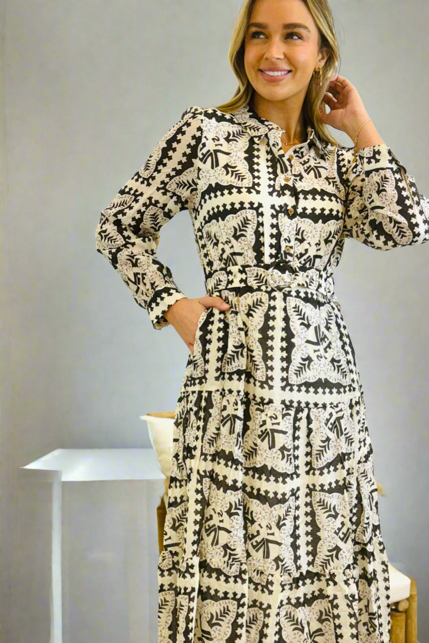 Amaya Long Sleeve Maxi Dress in Black and Cream Print