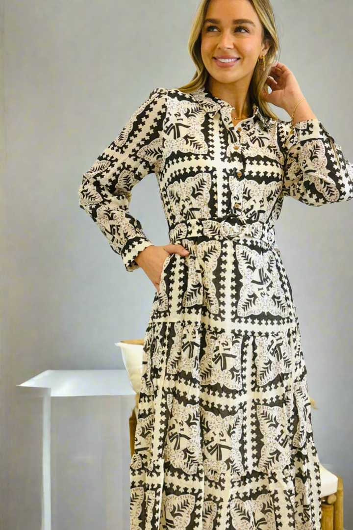 Amaya Long Sleeve Maxi Dress in Black and Cream Print