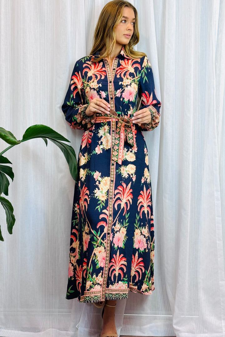 Maddison Long Sleeve Maxi Dress in Navy Print