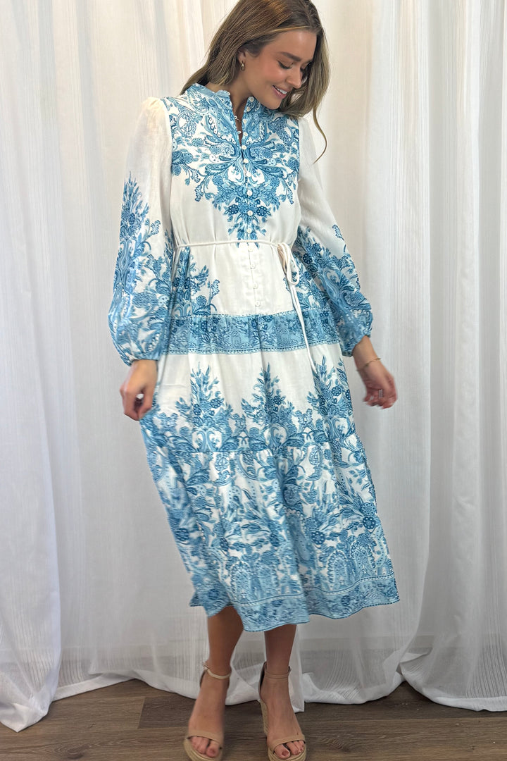 Sabrina Off White and Blue Print Midi Dress