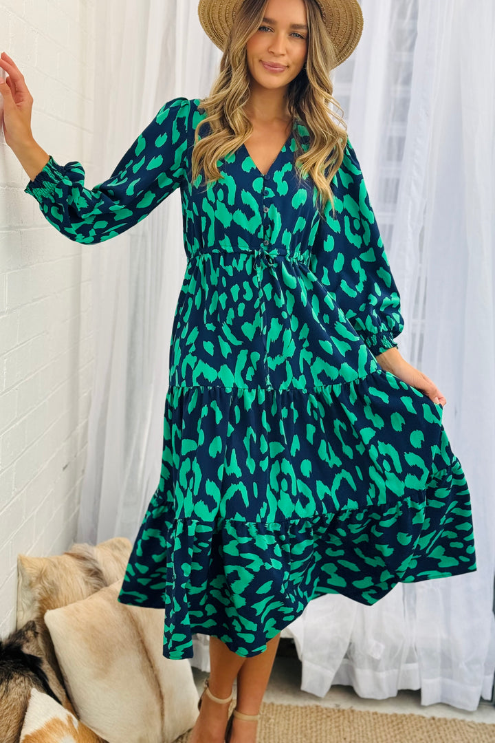 Molli Drawstring Midi Dress in Navy and Green Animal  Print