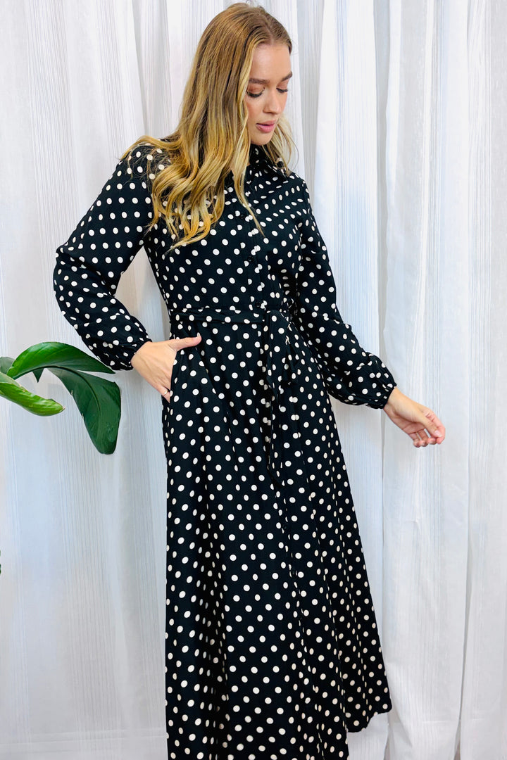 Tamika Polka Dot Dress in Black Long Sleeve