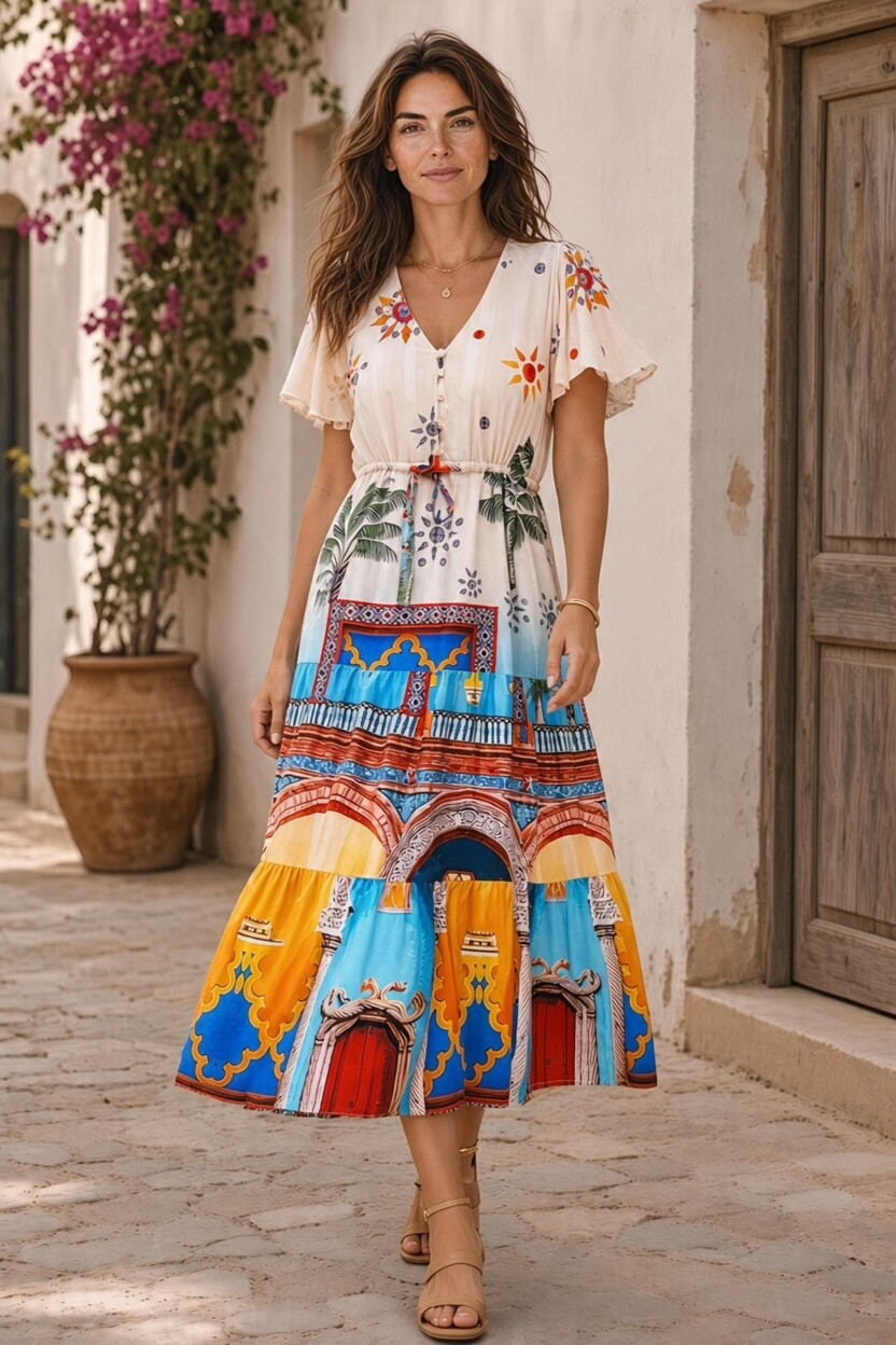 Aly Drawstring Midi in Multi Print