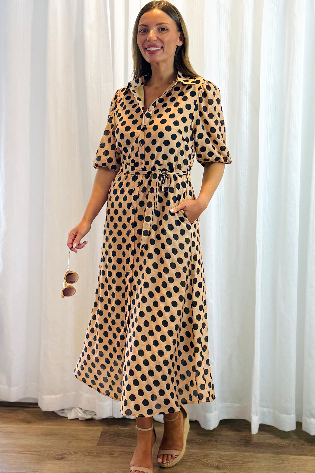 Fallon Polka Dot Shirt Dress in Tan