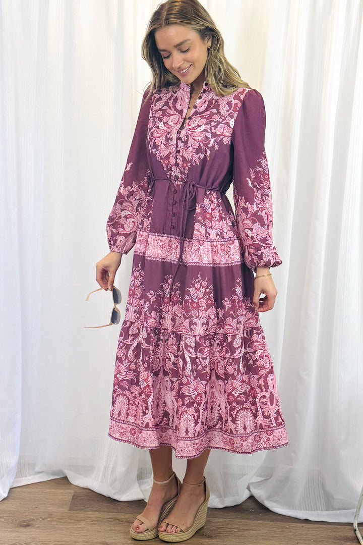 Sabrina Midi Multi Print Dress in Pink and Claret