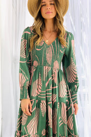 Audrey Long Sleeve Midi Dress in Green and Pink Print lo