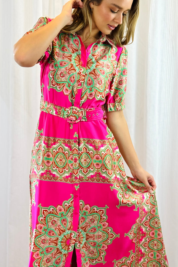 Angelina Hot Pink Embroidered Print Dress