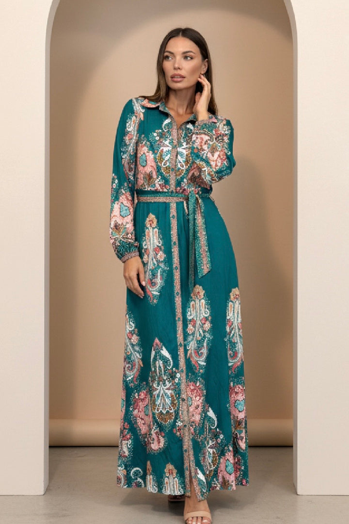 Gidget Dress  in Green Long Sleeve Print