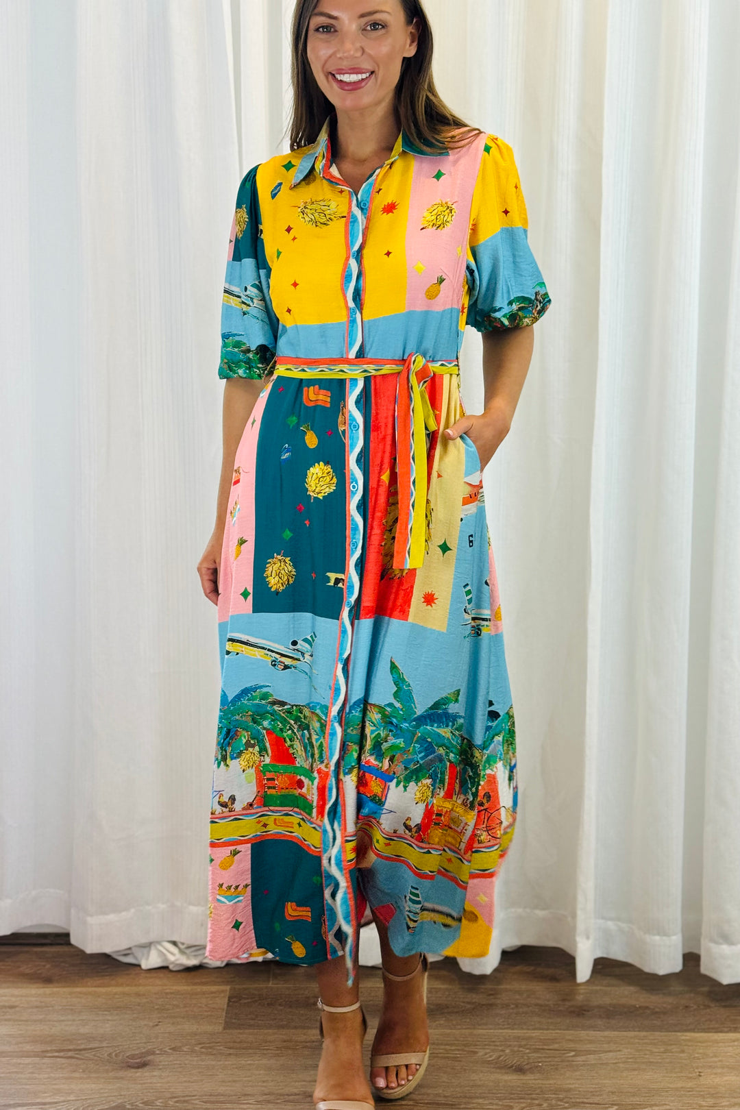 Marcella 3/4 sleeve in Multi Colour Print Dress