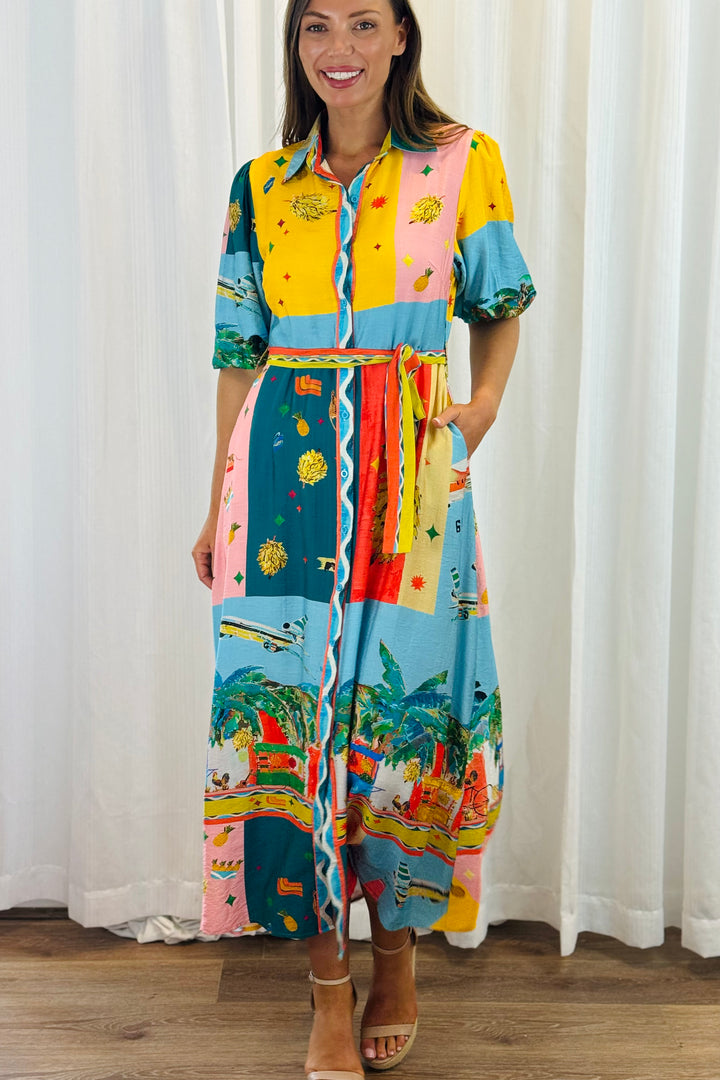 Marcella 3/4 sleeve in Multi Colour Print Dress