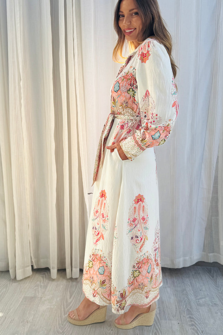 Gidget Embroidered Print Dress in Off White