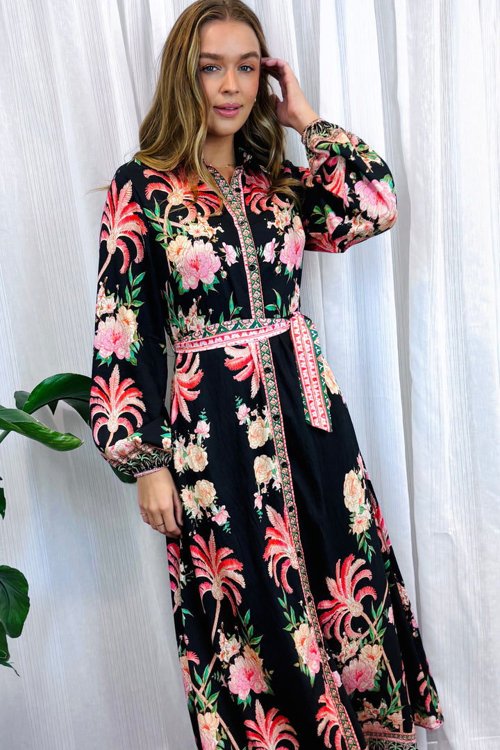 Maddison Palm Print Dress in Long Sleeve