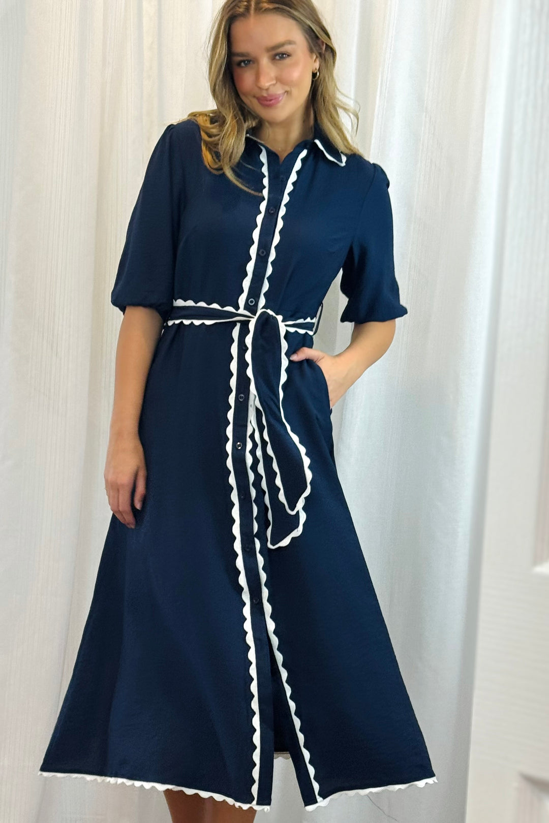 Shyla Dress in Navy with White Trimming