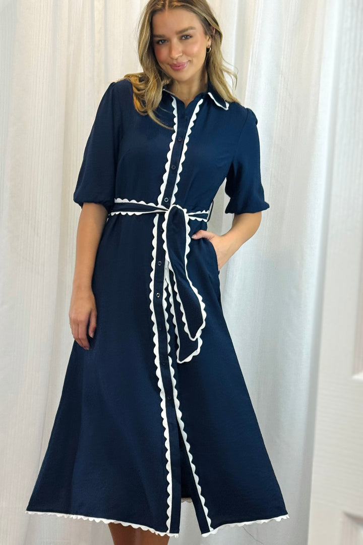 Shyla Dress in Navy with White Trimming