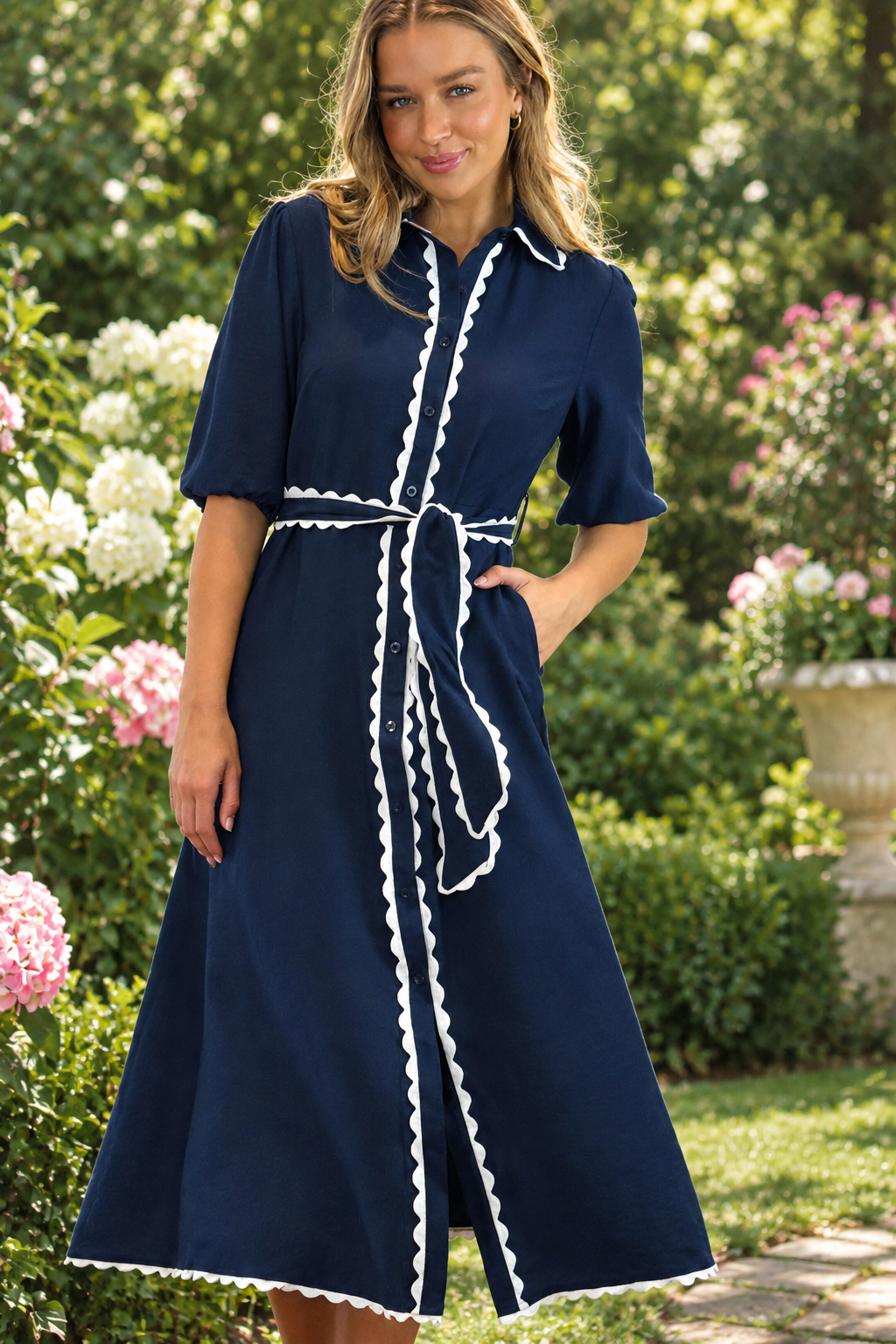 Shyla Dress in Navy with White Trimming