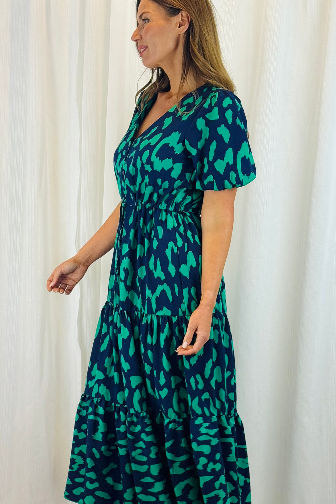 Molli Green and Navy Tiger Print Short Sleeve Dress