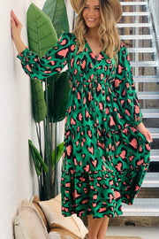 Harper Leopard Long Sleeve Midi Dress in Green