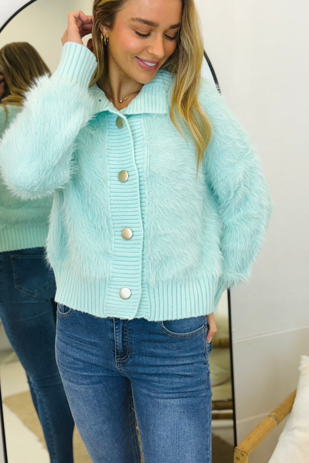 Erica Fluffy Cardi in Mint – Halo Hutch