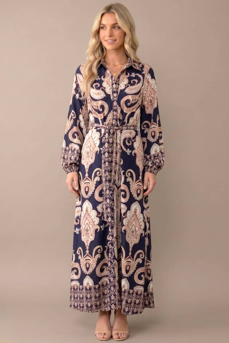 Lennox Navy Print Maxi Shirt Dress