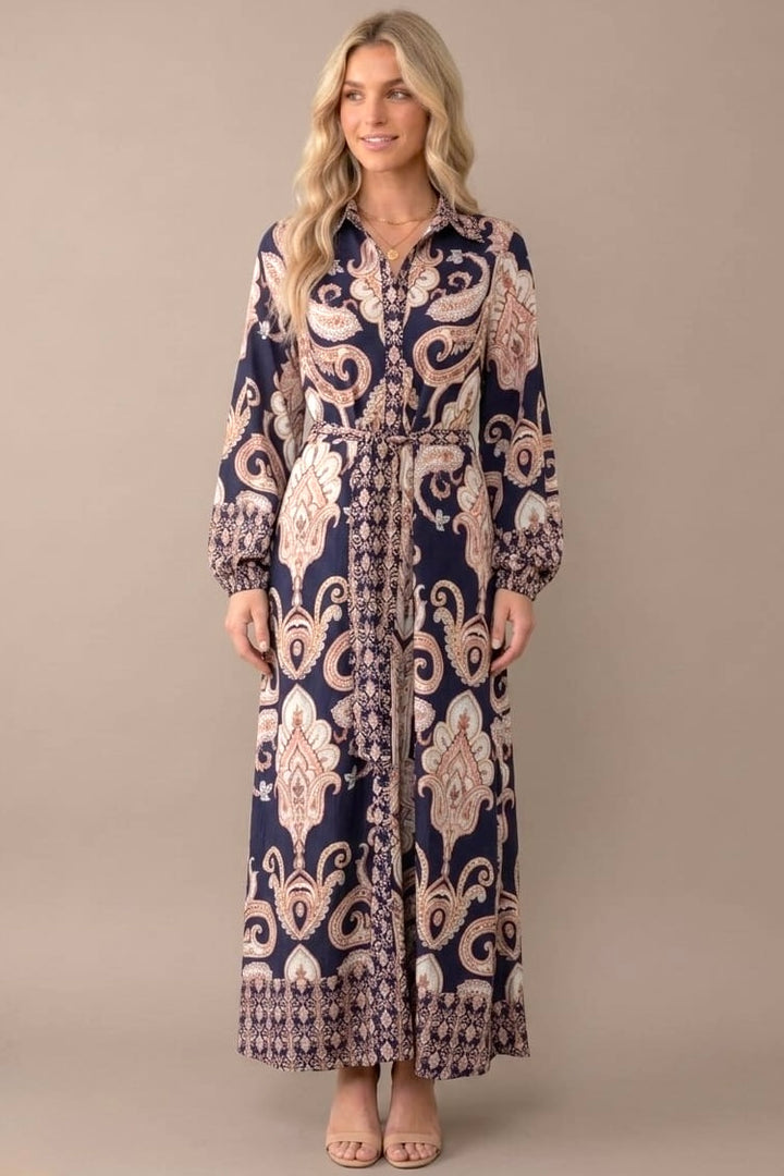 Lennox Navy Print Maxi Shirt Dress