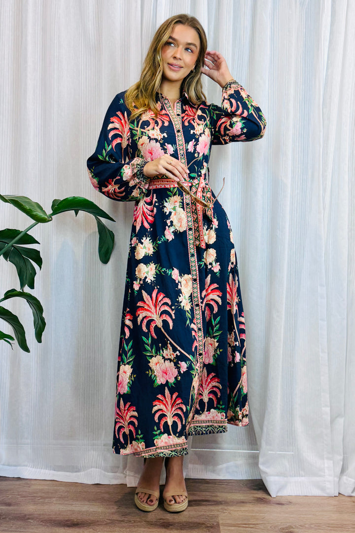 Maddison Long Sleeve Maxi Dress in Navy Print