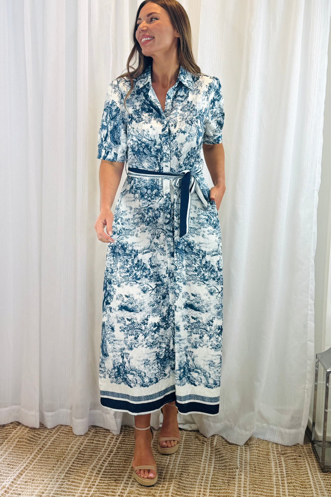 April Blue and Off White Multi Print Short Sleeve Dress