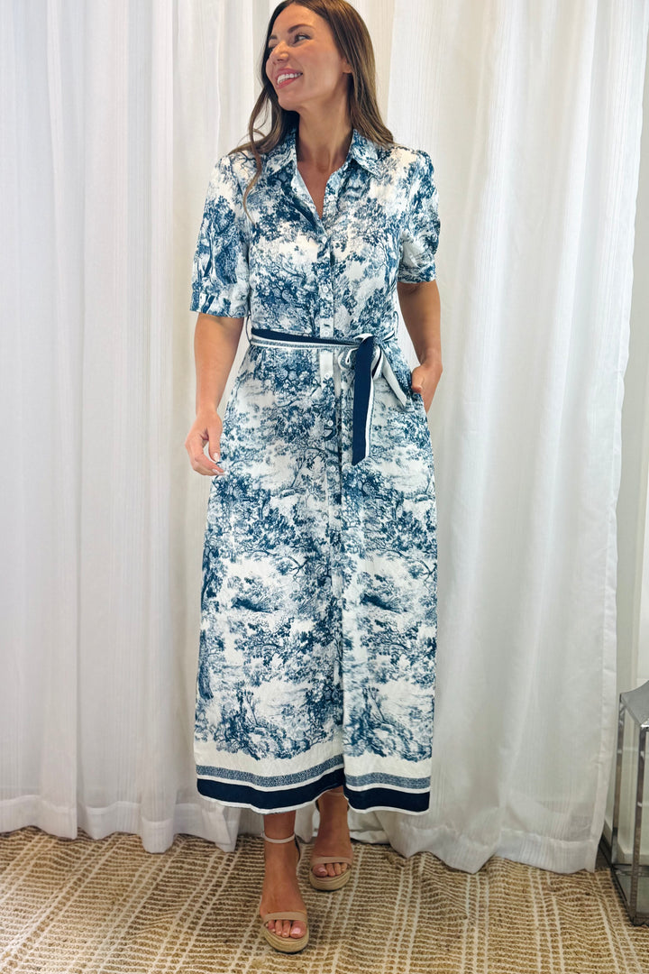 April Blue and Off White Multi Print Short Sleeve Dress