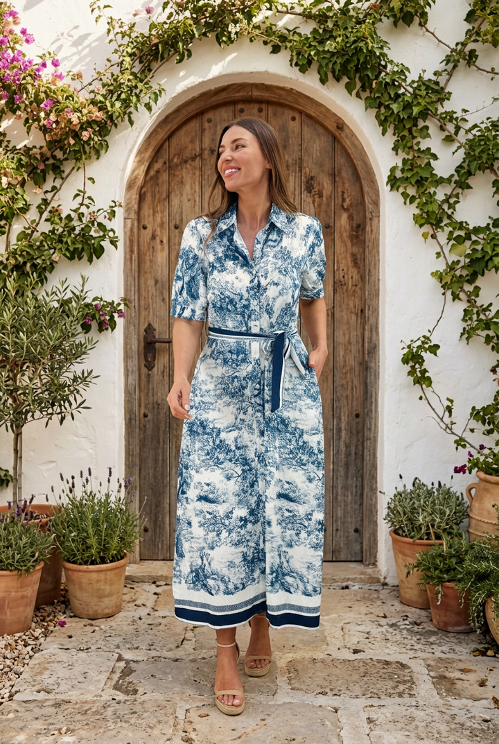 April Blue and Off White Multi Print Short Sleeve Dress