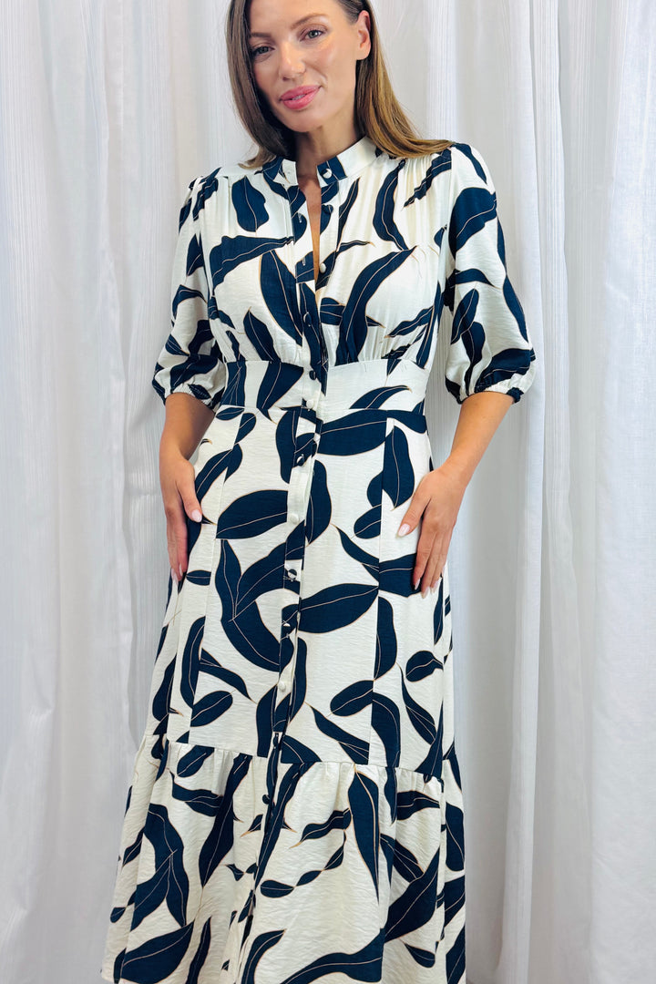 Ivy Dress in Navy and Off White  Multi Print