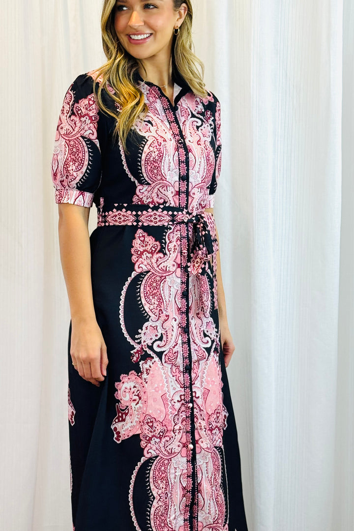 Eden Short Sleeve Dress With Pink Embroidered Print.