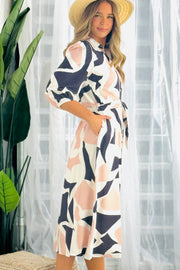 Khloe Shirt Midi Dress with 3/4 sleeves in Multi Print