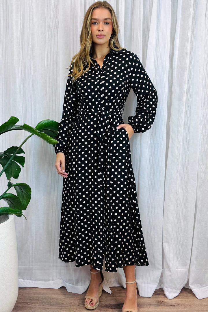 Tamika Polka Dot Dress in Black Long Sleeve