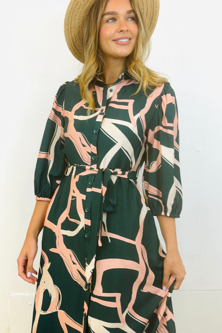 Marlow Midi Shirt Dress in Green and Pink Print