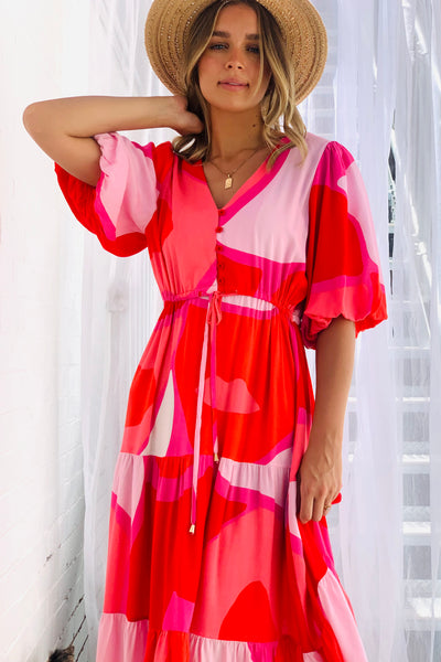Amalfi Midi Dress in Red and Pink Tones